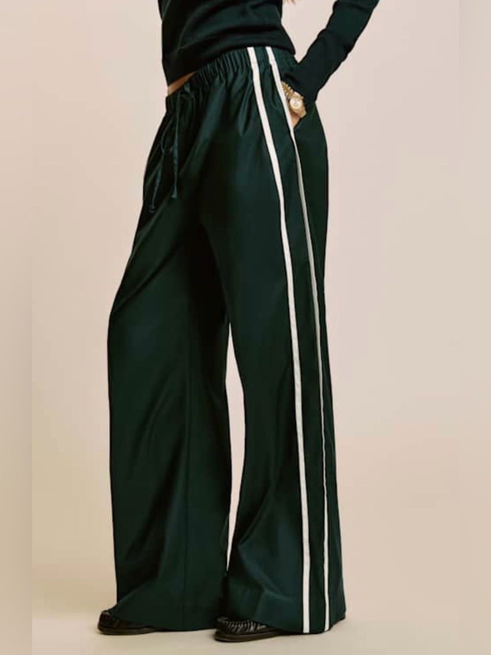 Reformation Black Wide-Leg Track Pants with White Side Stripes
